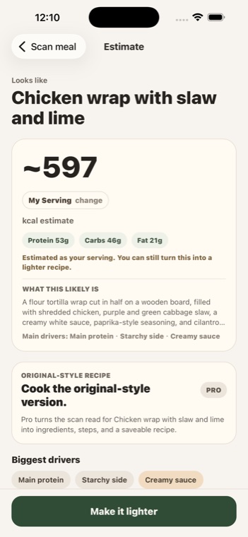 SavorShift estimate screen with calories, macros, and drivers.
