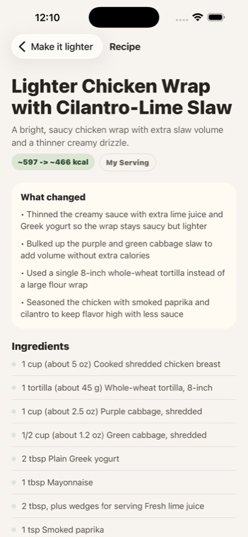SavorShift lighter recipe details screen.