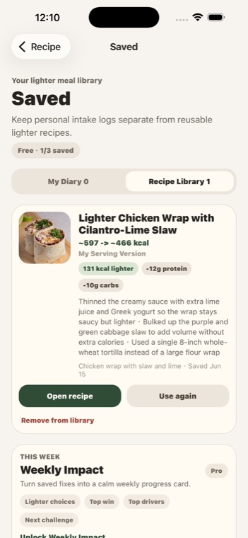 SavorShift saved recipe library screen.