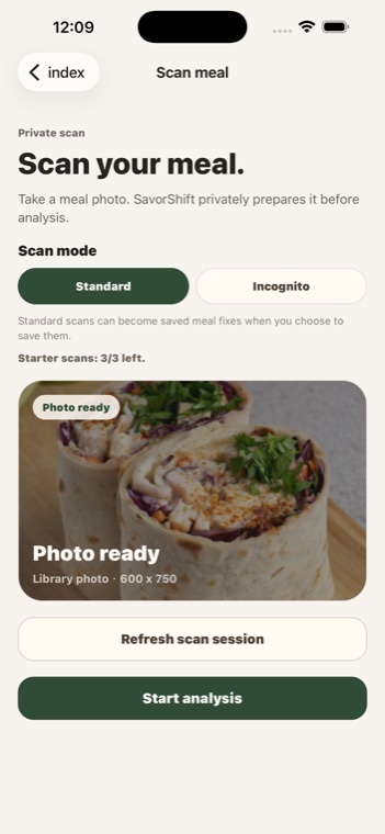 SavorShift scan screen with a meal photo ready to analyze.