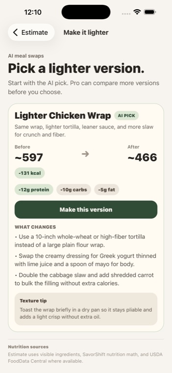 SavorShift lighter meal swap selection screen.